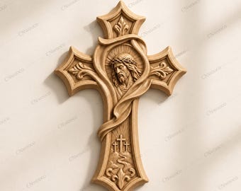 May include: A detailed wooden cross with intricate carvings. The cross features a central image of Jesus wearing a crown of thorns, with rays of light emanating from behind. The text "STL FILE" is at the top. The cross is approximately 12 inches tall.