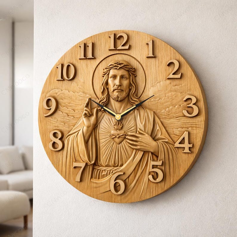 CNC STL Jesus Clock Relief Sacred Heart Wood Wall Art CNC Carving File ...