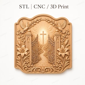 CNC- en 3D-geprinte reliëfpoorten van de Hemelpoort met kruis en duiven, zeer hoogwaardig STL-bestand.