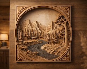 landskap 3D CNC basrelief STL – VCarve-gravyr, bergsväggsskulptur, dekorativ CNC-väggkonst, träkonst, digital fil