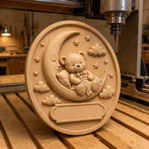 Puede incluir: Placa circular de madera clara tallada, que representa un oso de peluche sobre una luna creciente, rodeado de estrellas y nubes. Cuenta con un espacio rectangular para personalización.