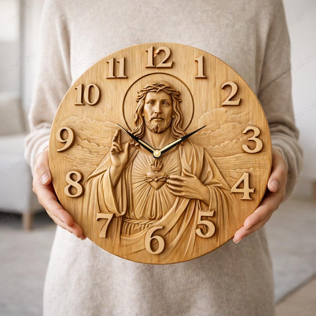 CNC STL Jesus Clock Relief Sacred Heart Wood Wall Art CNC Carving File ...