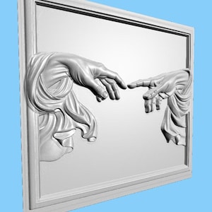 May include: A white relief sculpture depicting the iconic 'Creation of Adam' scene. Two hands, emerging from a rectangular frame, almost touch. The hands are detailed, with flowing drapery. The artwork is set against a light blue background.
