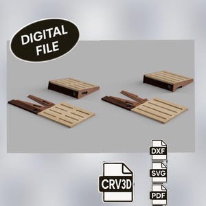 May include: Digital file of wooden pallet-style stands. The stands are light brown with dark brown accents. The image includes the text "DIGITAL FILE" and file type icons for DXF, SVG, PDF, and CRV3D.
