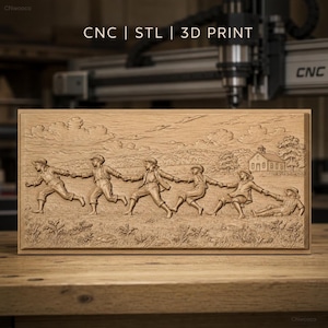 Op de afbeelding: Een rechthoekig houten reliëf met een rij van zes kinderen die elkaars hand vasthouden in een veld, met een schoolgebouw op de achtergrond. De tekst CNC | STL | 3D PRINT is zichtbaar boven het houten paneel in de afbeelding.