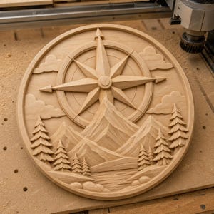 May include: A round, wooden wall art piece featuring a compass rose design. The compass is surrounded by a mountain and forest landscape. The piece is carved from light-colored wood.