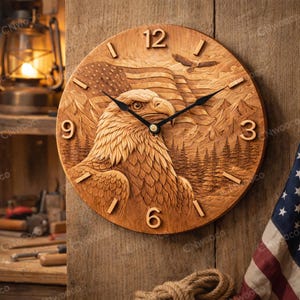 May include: Wooden wall clock with a carved eagle, American flag, and mountain scene. The clock face features large, raised numerals and black clock hands. The clock is made of light brown wood and is mounted on a wooden wall.