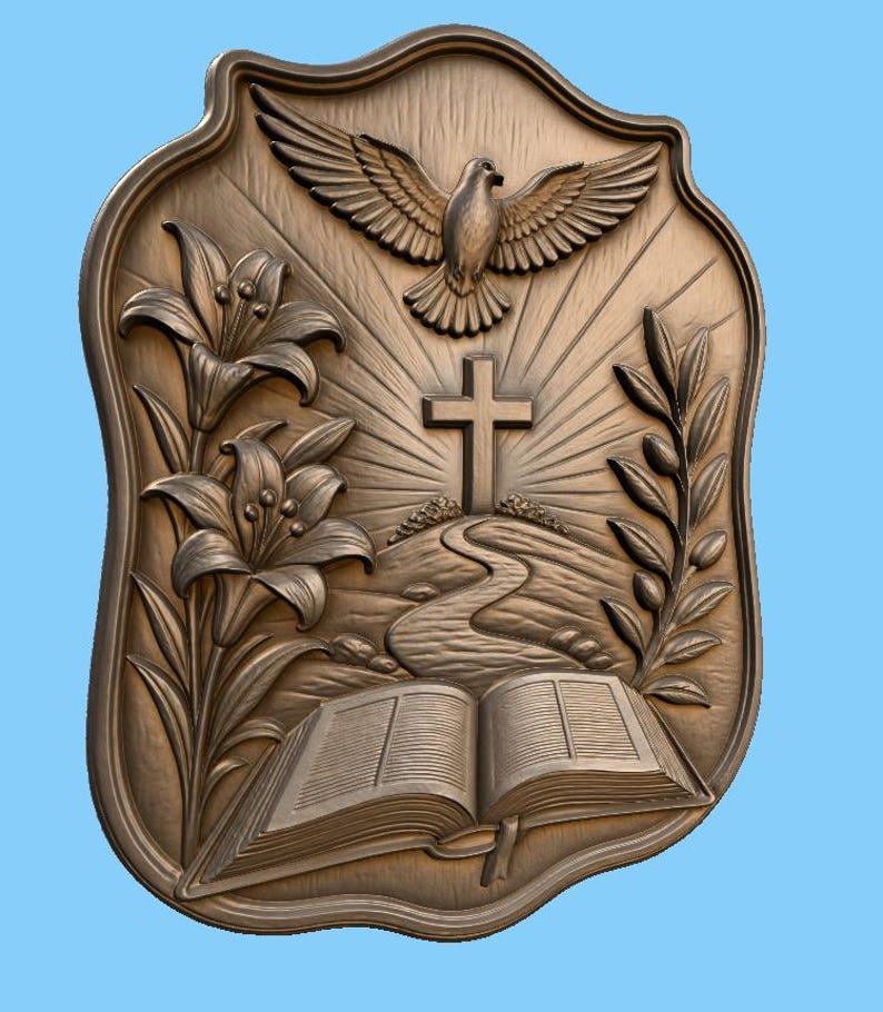 CNC & 3D Printed Relief Open Bible With Cross and Dove, Very High ...