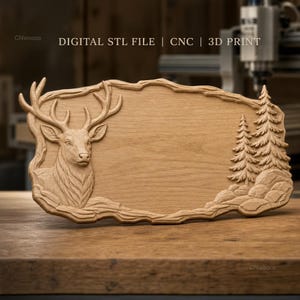 CNC-fil och 3D-utskrift av dekorativ skylt med rådjur och granar, STL-fil, mycket hög kvalitet, anpassningsbar