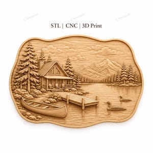 Puede incluir: Un relieve de madera que representa una escena de cabaña junto al lago. La obra de arte presenta una cabaña, un muelle, una canoa y patos en un lago, rodeados de árboles y montañas. El texto "STL | CNC | 3D Print" está en la parte superior.
