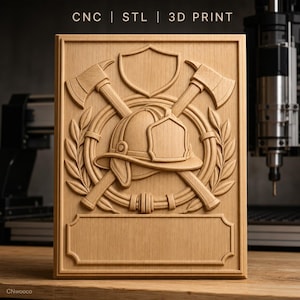 CNC & 3D printing file: firefighter helmet, crossed axes, shield, high-quality relief STL