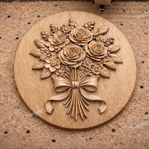 May include: A circular wooden carving of a floral bouquet, featuring roses and other flowers, tied with a ribbon. The carving is in a natural wood tone and is set against a textured background. The text "CNWOOCO" is visible.