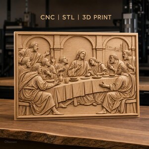 May include: A rectangular wooden wall plaque featuring a detailed relief carving of The Last Supper, depicting thirteen figures seated at a long table within an arched architectural setting. The text CNC | STL | 3D PRINT is visible above.