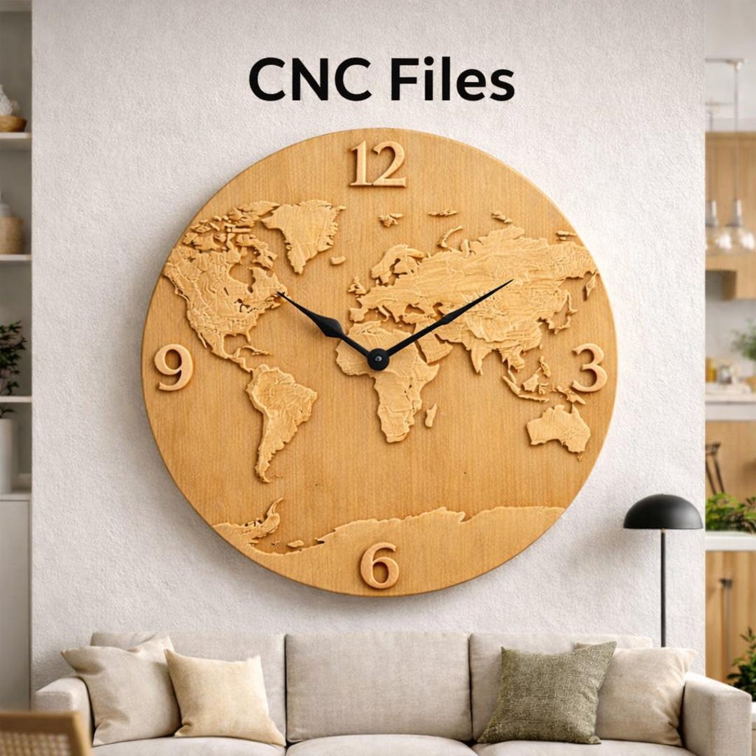 CNC File World Map Clock, Modern Wooden Bas-relief, Wall Decoration Map ...