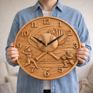 May include: A round wooden clock with a baseball theme. The clock face features a baseball, crossed bats, a baseball glove, and baseball players. The numbers are carved into the wood. The clock hands are black.
