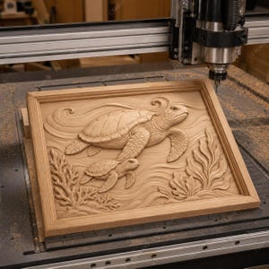May include: A wooden relief carving of two sea turtles swimming in the ocean. The larger turtle is positioned above a smaller one, with detailed carvings of waves and aquatic plants. The artwork is framed in a rectangular wooden border.