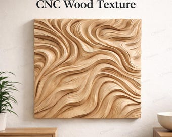 May include: A square, light-brown wooden wall art piece with a CNC-machined wavy texture. The artwork features the text "CNC Wood Texture" at the top. The piece is mounted on a white wall, with a wooden cabinet and a plant visible on the left.