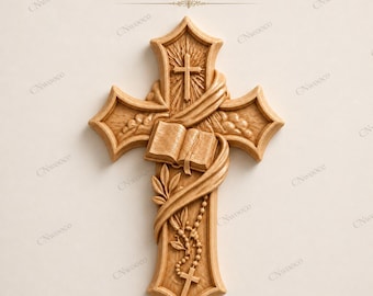 May include: A detailed wooden cross with an open book, rosary beads, and a smaller cross at the bottom. The cross has intricate carvings and the text "STL FILE" at the top. The design is in a light brown color.