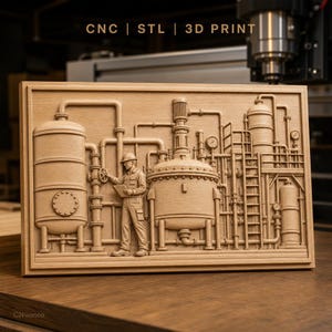 Pode incluir: Uma placa de parede retangular de madeira com um relevo de uma cena de planta industrial com tubos, tanques e um trabalhador segurando uma prancheta. O texto CNC | STL | 3D PRINT é visível na parte superior da peça de madeira.