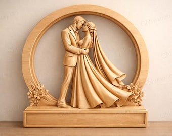 May include: A wooden wedding cake topper featuring a bride and groom embracing within a circular frame. The sculpture is carved from light-colored wood, with floral accents at the base and a rectangular platform.