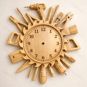 May include: A wooden clock with a circular face and a gear-shaped frame. The clock features various carved tools, including a drill, saw, and pliers, arranged around the clock face. The clock hands are missing. The numbers are carved into the wood.