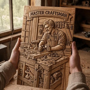 May include: A detailed wooden carving showing a craftsman at work. The carving features the words "MASTER CRAFTSMAN" at the top. The image shows a man in overalls using tools at a workbench, with various tools and equipment.