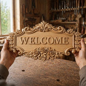 May include: A carved wooden sign reading "WELCOME". The sign features decorative floral and leaf carvings, and is framed with an ornate border. The sign is held by two hands, and is made of light brown wood.