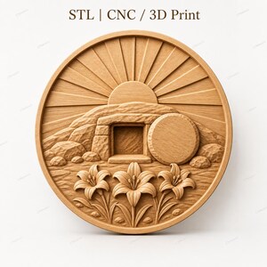 CNC- och 3D-utskriven relief av en tom påskgrav med liljor, STL-fil av mycket hög kvalitet