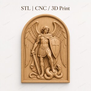 May include: A detailed wooden relief carving depicting an angel with wings, a sword, and a shield with a cross. The angel stands on a snake. The text "STL | CNC / 3D Print" is at the top.