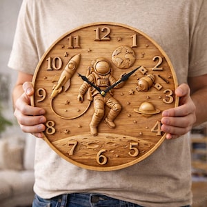 Peut inclure: Une horloge ronde en bois avec un design d'astronaute. L'horloge représente une fusée, la planète Terre, un satellite et un OVNI. Les aiguilles de l'horloge sont noires. L'horloge mesure environ 30 cm de diamètre.