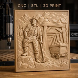 CNC-fil och 3D-utskriftsgruvarbetare, gruvgalleri, gruvvagn, berg, högkvalitativ relief STL