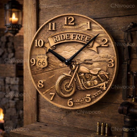 Fichier CNC horloge moto Route 66 – bas-relief biker pour sculpture bois, décoration murale garage STL