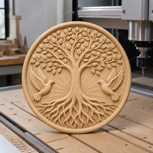Puede incluir: Arte mural redondo de madera con un tallado detallado de un árbol con hojas, raíces y dos palomas. La veta natural de la madera es visible. El diseño está sobre un patrón radial de rayos de sol. Diámetro aproximado de 30 cm.