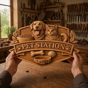 May include: A wooden "Pet Station" sign with a carved dog and cat, a bowl of food, a bone, a ball, and a collar. The sign is held up in front of a wooden workbench. The sign is brown with a light brown background.