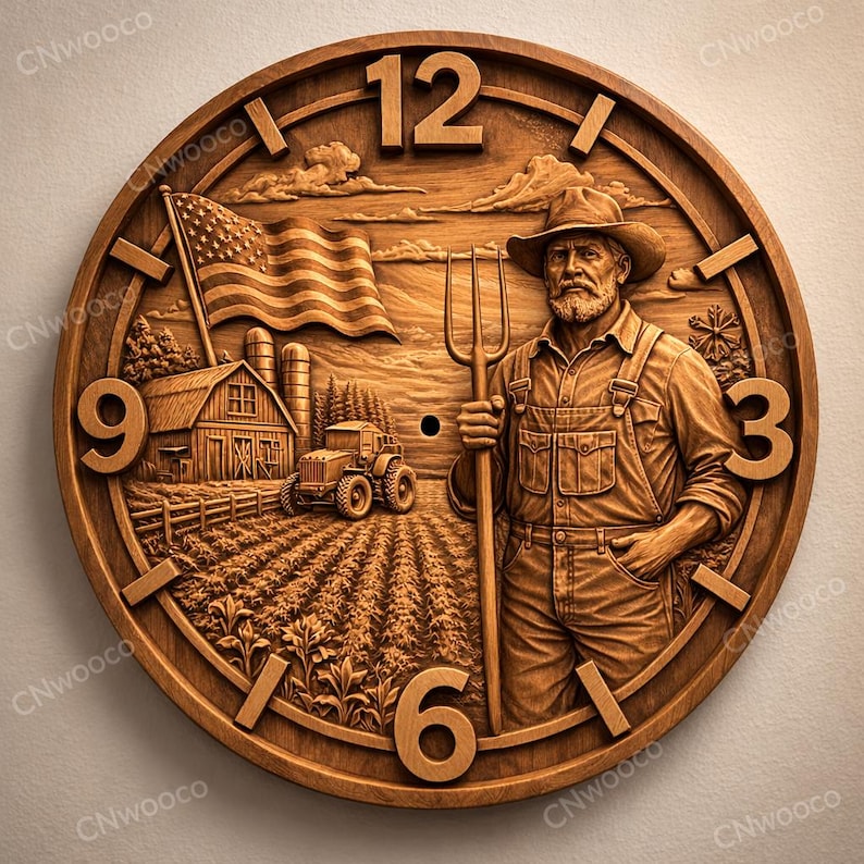 Farmer CNC Wood Carved Clock Relief | Rustic Farm Wall Clock | Country ...