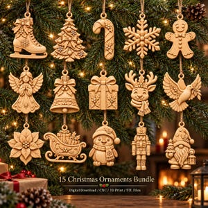 May include: A collection of fifteen light-coloured wooden Christmas ornaments featuring shapes including an ice skate, tree, candy cane, snowflake, gingerbread man, angel, bell, gift, reindeer, dove, poinsettia, sleigh, penguin, nutcracker, and gnome.