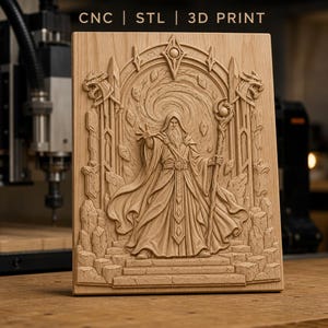 May include: A rectangular light-colored wood panel featuring a detailed relief carving of a robed wizard holding a staff, standing before a swirling portal. The text CNC | STL | 3D PRINT is visible at the top of the wooden plaque.