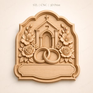 Könnte beinhalten: Holzhochzeitstafel mit Kirche, Ringen und floralem Design. Die Tafel zeigt eine Kirche mit Kreuz, zwei Eheringen sowie Rosen und anderen Blumen. Der Text "STL | CNC | 3D Print" befindet sich oben.
