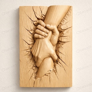 Op de afbeelding: Houten reliëfsculptuur met twee handen die elkaar vasthouden, één hand grijpt de andere vast. De handen komen uit een gebarsten houten oppervlak. Het kunstwerk is in bruin- en beigetinten, met gedetailleerde texturen.