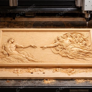 May include: A wooden relief carving of Michelangelo's "The Creation of Adam" being created by a CNC machine. The artwork depicts two figures with outstretched arms, nearly touching fingers. The carving is set in a rectangular frame.