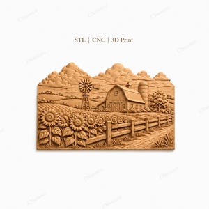 May include: A wooden relief carving depicting a rural farm scene. The artwork features a barn, silo, windmill, and fields of sunflowers. The text "STL | CNC | 3D Print" is visible.