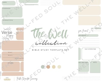 May include: A printable Bible study template set with a green and brown color scheme. The set includes pages for daily scripture reflection, verse mapping, SOAP study, Bible character summary, and daily affirmations. The title of the set is "The Well-Fed Soul Collection".