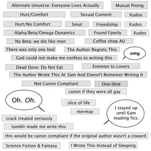 May include: A red graphic with the text "TINY TILLY'S" at the top. The image contains various text boxes with phrases like "Hurt/Comfort", "Smut", and "Enemies to Lovers". Speech bubbles say "Oh. Oh." and "I stayed up until 6am reading fics."
