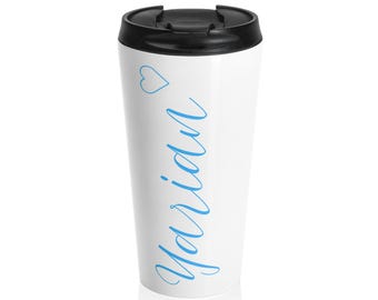 Blue Script Name Travel Mug | Personalized Monogram Stainless Steel Tumbler
