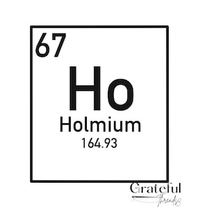May include: A black and white graphic of the periodic table element Holmium, symbol Ho, atomic number 67, and atomic mass 164.93. The text "Grateful Threads" is in the bottom right corner.