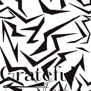 May include: A white background with a repeating pattern of black, angular shapes. The word "Grateful" is visible in a stylized, black font, partially obscured by the shapes. The overall design is modern and graphic.