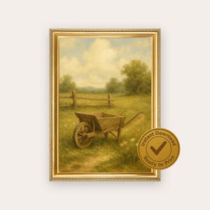 Printable Wheelbarrow Wall Art – Rustic Floral Garden Scene in Earth Tones – Vintage Farmhouse Decor for Kitchen or Cottage Entryway
