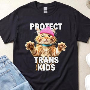 Protect Trans Kids Shirt, Cute Cat Rainbow Flag Graphic Tee, Trans Pride Ally Apparel, Love Wins Nonbinary Top Unisex