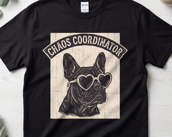 French Bulldog Art Chaos Coordinator Tee: Minimalist Linocut Design, Distressed Black Ink | 100% Cotton, Unisex Fit | S-5XL Sizes