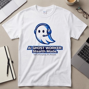 Può includere: T-shirt bianco con grafica a fantasma blu e bianca con cuffie. Il testo sottostante recita: "AI GHOST WORKER: Stealth Mode. 100% Prompted, 0% Present."